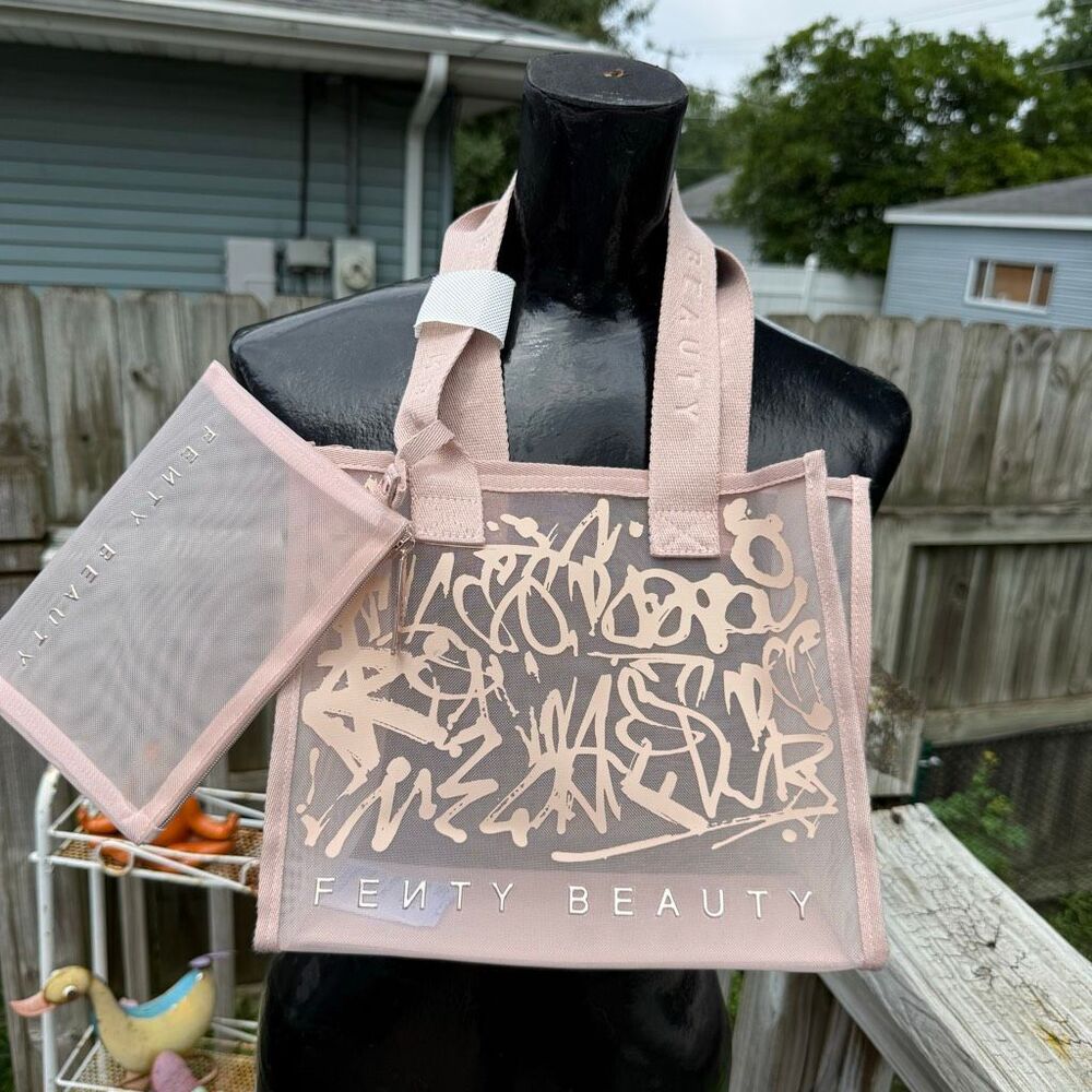 Fenty Beauty Pink Mesh Graffiti Tote Bag With Matching Zip Pouch
